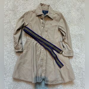 Polo by Ralph Lauren Tan Shirtwaist Dress with Navy & Yellow Stripe Belt